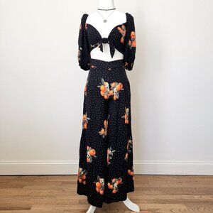 Forever 21 Two Piece Set Orange Fruit Crop Top Wide Leg Pant Black Boho Dot XS M